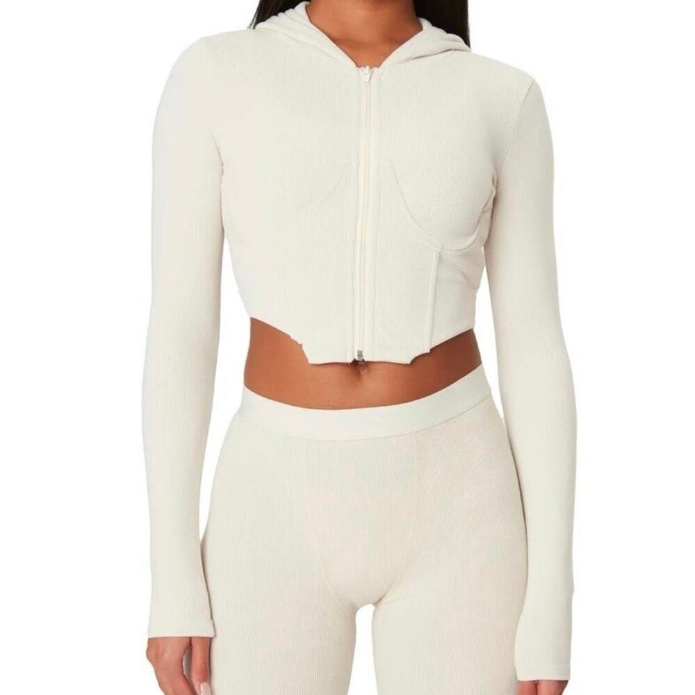 The Kript XL Ribbed Cotton Hooded Boned Corset Crop Jacket Zip Front Coquette
